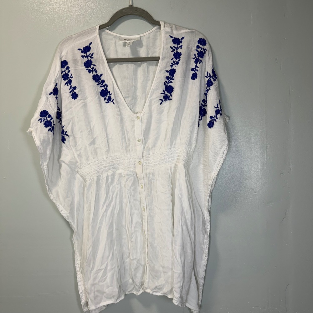 Motherhood Maternity White Embroidered‎ Smocked Empire Waist Rayon Gauze Top M